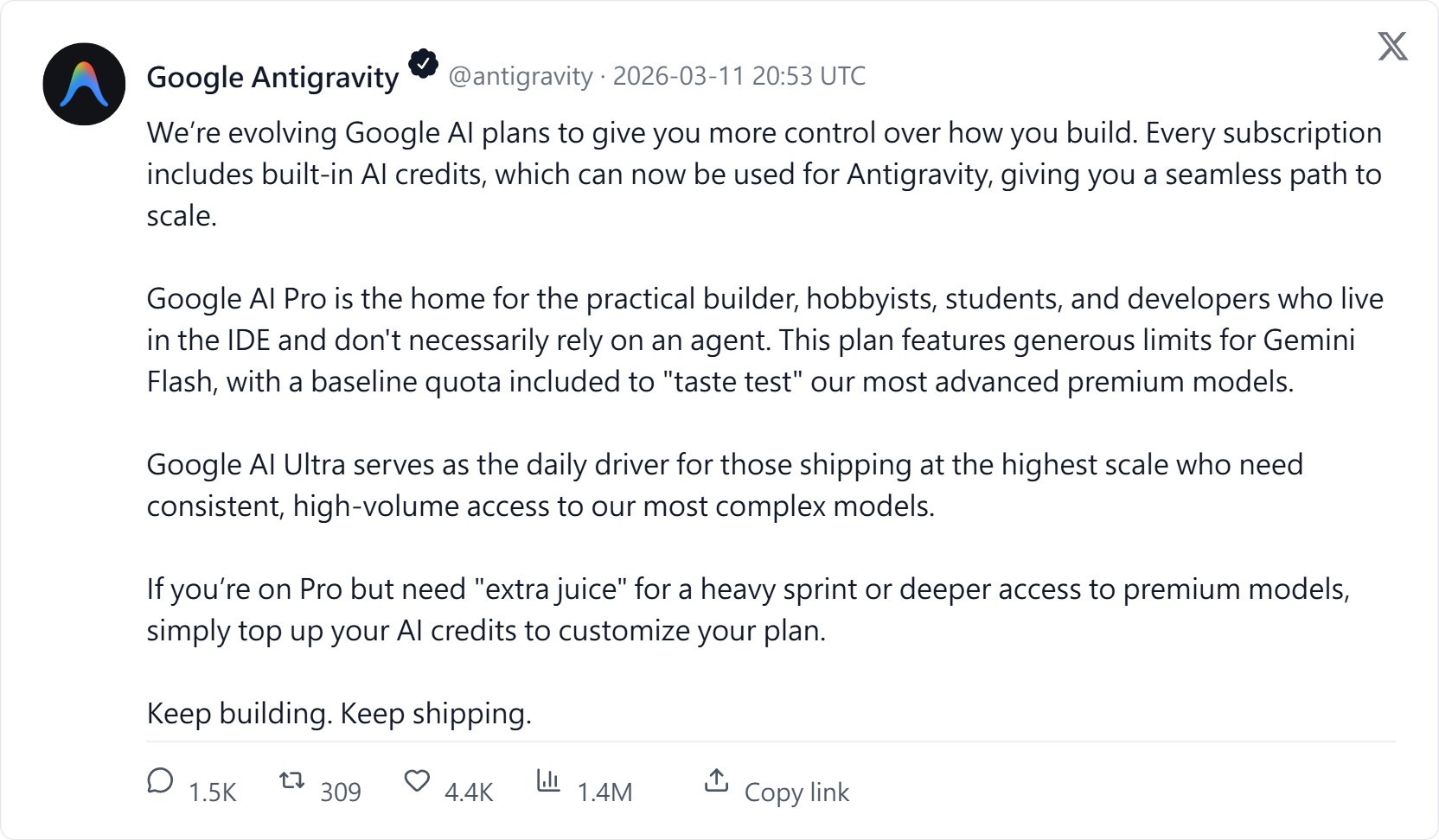 Antigravity AI Credits 公告
