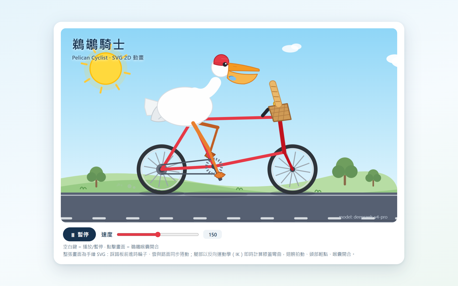 DeepSeek V4 Pro 鵜鶘騎自行車實測截圖